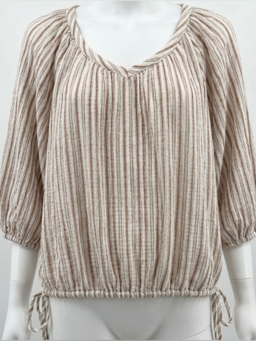 Just Living Beige Striped Drawstring Peasant Top Boho